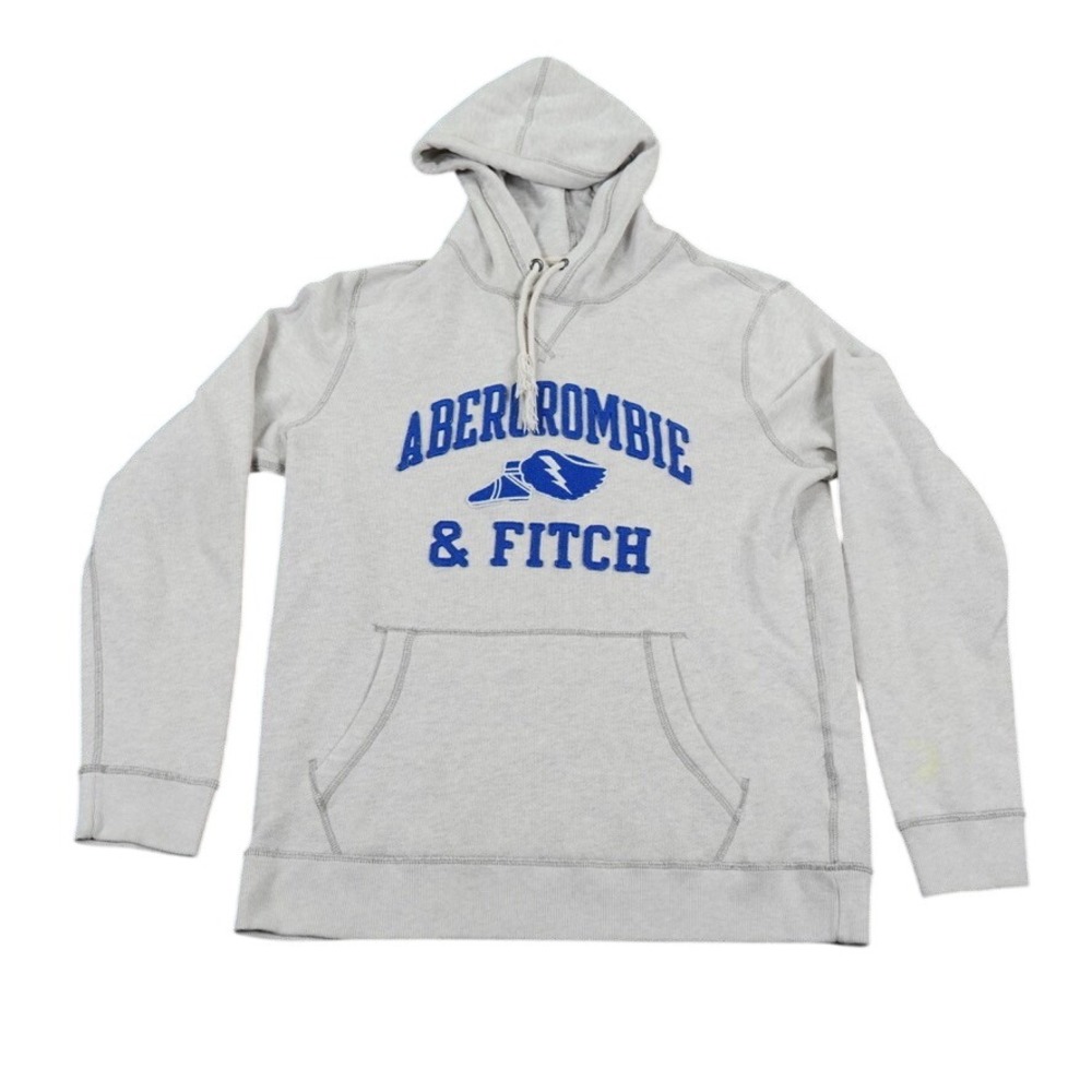 Abercrombie & Fitch Hoodie Mens Medium Grey Blue Logo Pullover Sweatshirt Fleece
